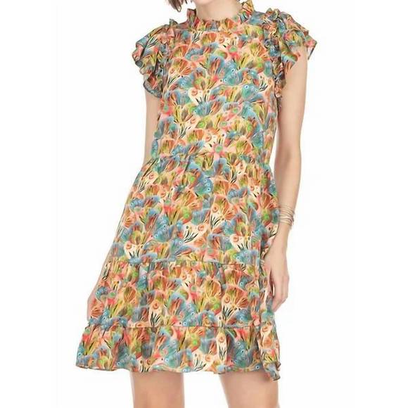 Brown Floral V-Neck Ruffle Dress Joy Joy main image 1